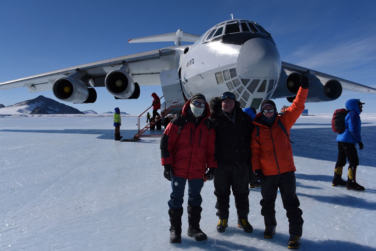 10C Eystein, Markus And Jerome Ryan Pose In Front Of The Air Almaty Ilyushin Airplane On The Slippery Hard Blue Ice Of Union Glacier In Antarctica On The Way To Climb Mount Vinson